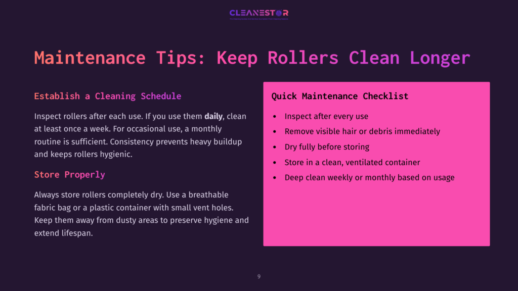 9 Maintenance Tips Keep Rollers Clean Longer A Dark Purple Slide With The Title &Quot;Maintenance Tips: Keep Rollers Clean Longer&Quot; And A Checklist For Quick Maintenance Of Cleaning Rollers.