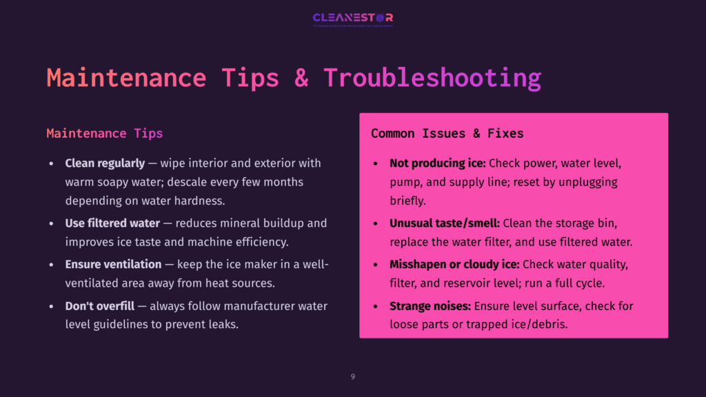 A Dark Purple Slide Titled &Quot;Maintenance Tips &Amp; Troubleshooting&Quot; With Sections On &Quot;Maintenance Tips&Quot; And &Quot;Common Issues &Amp; Fixes,&Quot; Featuring Bulleted Lists Of Advice And Solutions For A Cleaning Appliance.