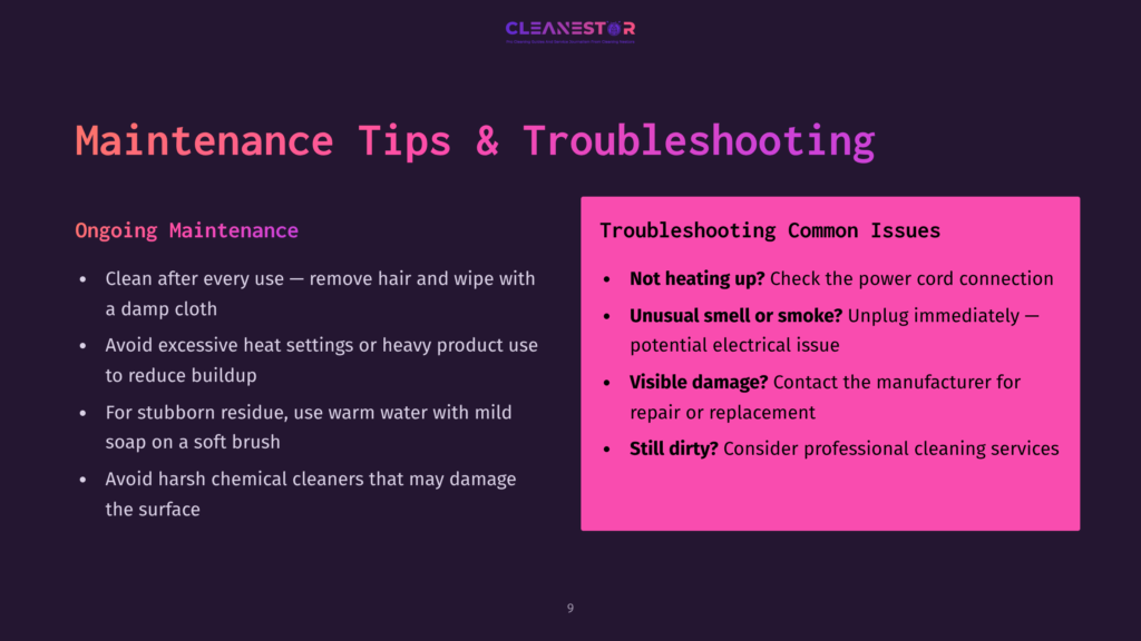 9 Maintenance Tips And Troubleshooting 2 Cleanestor Maintenance Tips And Troubleshooting Guide, Featuring &Quot;Ongoing Maintenance&Quot; And &Quot;Troubleshooting Common Issues&Quot; Sections With Bulleted Lists.