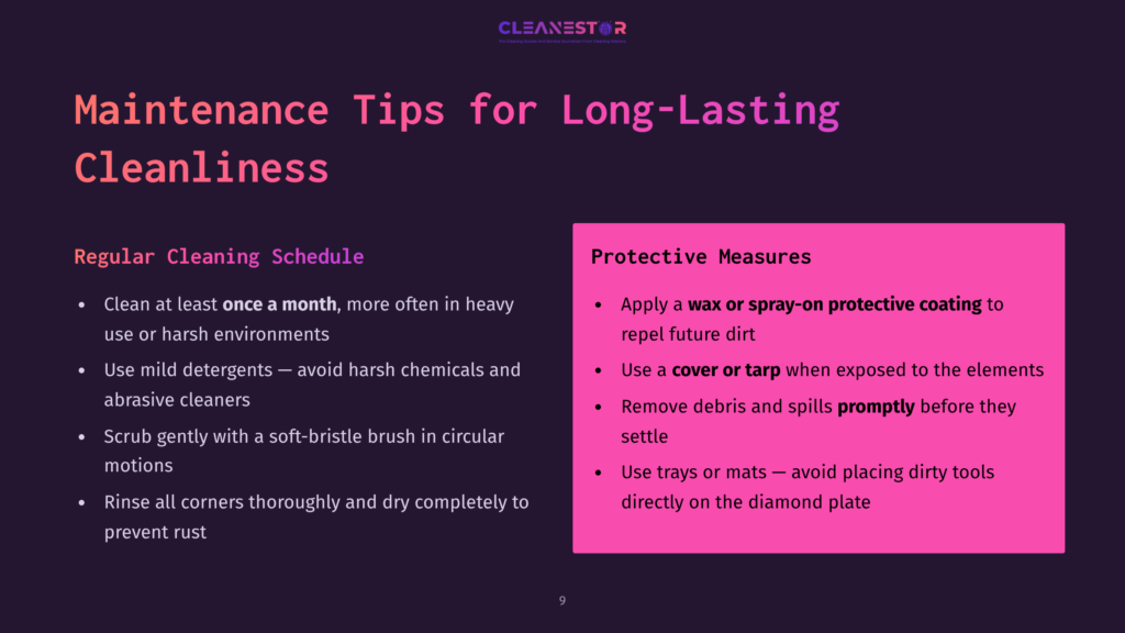A Presentation Slide Titled &Quot;Maintenance Tips For Long-Lasting Cleanliness&Quot; From Cleanestor, Detailing Regular Cleaning Schedules And Protective Measures For Surfaces.