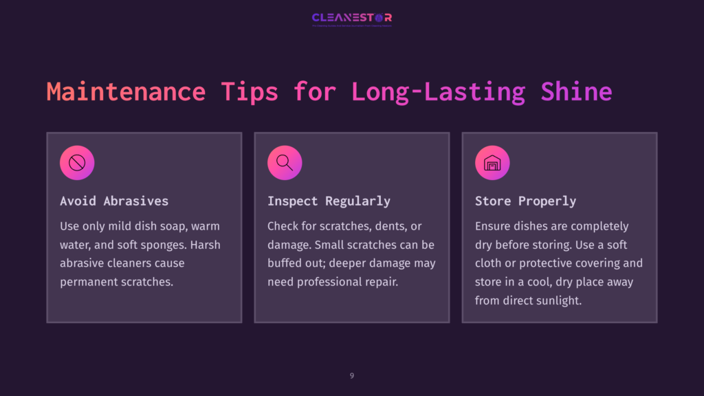 Graphic With The Title &Quot;Maintenance Tips For Long-Lasting Shine&Quot; And Three Columns: &Quot;Avoid Abrasives,&Quot; &Quot;Inspect Regularly,&Quot; And &Quot;Store Properly.