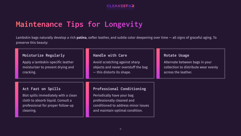 Graphic With Text &Quot;Cleanestor&Quot; And &Quot;Maintenance Tips For Longevity&Quot;. It Details How To Care For Lambskin Leather Bags: Moisturize Regularly, Handle With Care, Rotate Usage, Act Fast On Spills, And Professional Conditioning.