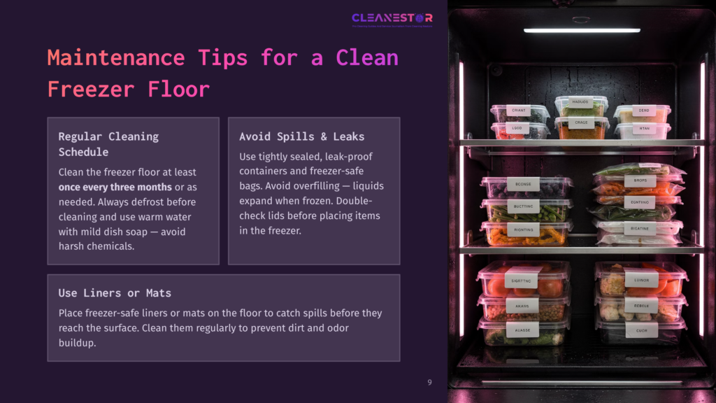 9 Maintenance Tips For A Clean Freezer Floor A Clean, Organized Freezer Floor With Shelves Stocked With Clear Containers Of Food, Labeled With Colorful Tags. The Text &Quot;Maintenance Tips For A Clean Freezer Floor&Quot; Is Overlaid On The Left.