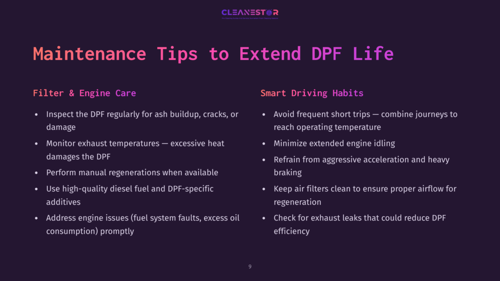 Cleanestor Graphic: &Quot;Maintenance Tips To Extend Dpf Life&Quot; With Two Columns: &Quot;Filter &Amp; Engine Care&Quot; And &Quot;Smart Driving Habits,&Quot; Detailing Advice For Diesel Particulate Filter Upkeep.