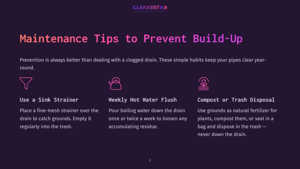 9 Maintenance Tips To Prevent Build Up Cleanestor Logo And &Quot;Maintenance Tips To Prevent Build-Up&Quot; Text On A Dark Purple Background. Three Icons With Text: &Quot;Use A Sink Strainer&Quot;, &Quot;Weekly Hot Water Flush&Quot;, And &Quot;Compost Or Trash Disposal&Quot;.