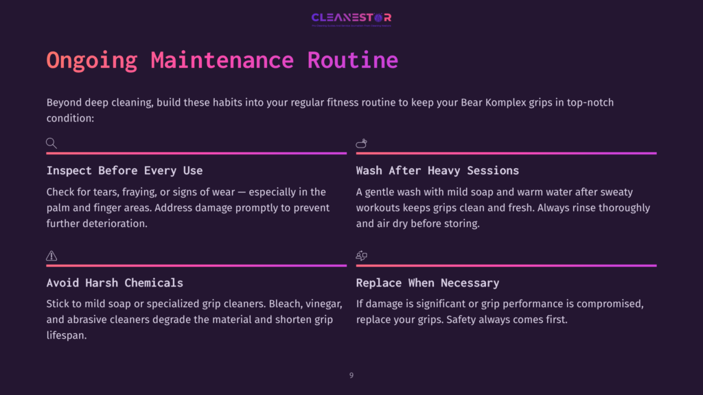 9 Ongoing Maintenance Routine Dark Purple Background With White Text Detailing Ongoing Maintenance Routines For Bear Komplex Grips, Including Inspection, Washing, And Avoiding Harsh Chemicals.