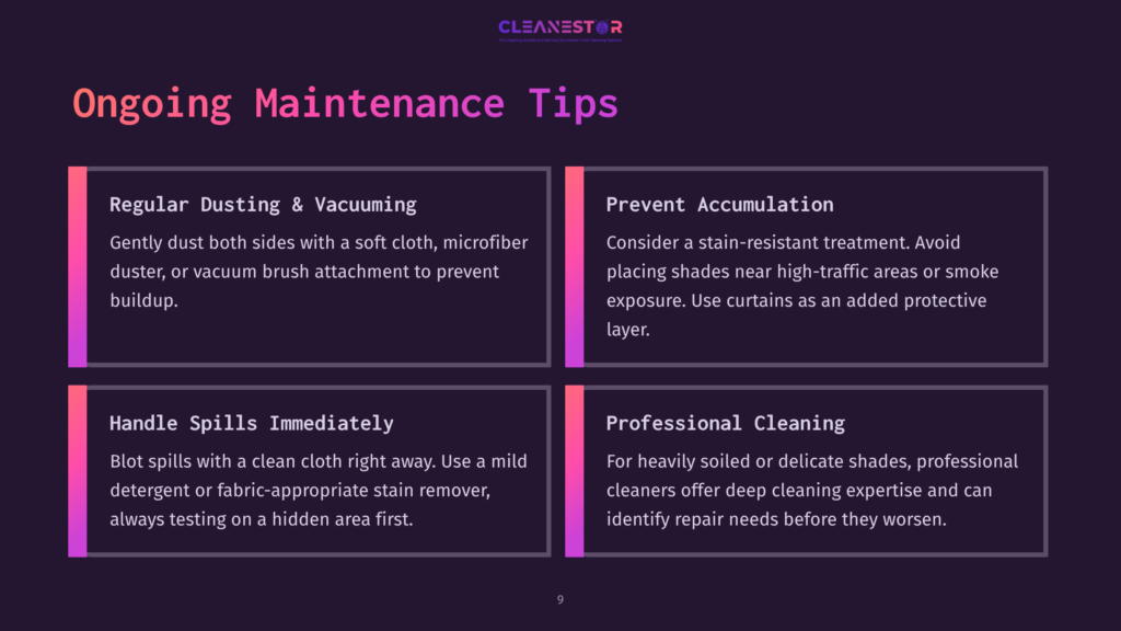 9 Ongoing Maintenance Tips 1 Cleanestor Logo And &Quot;Ongoing Maintenance Tips&Quot; Title. Below Are Four Maintenance Tips: Regular Dusting &Amp; Vacuuming, Prevent Accumulation, Handle Spills Immediately, And Professional Cleaning, Each With Descriptive Text.