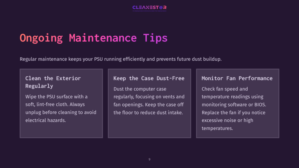 Cleanestor Logo And &Quot;Ongoing Maintenance Tips&Quot; Title. Three Columns Detail Psu Maintenance: &Quot;Clean The Exterior Regularly,&Quot; &Quot;Keep The Case Dust-Free,&Quot; And &Quot;Monitor Fan Performance.