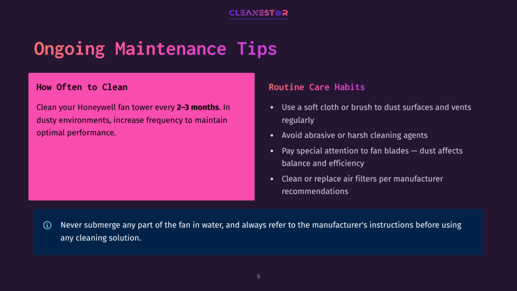 Dark Purple Slide With &Quot;Ongoing Maintenance Tips&Quot; In Large White Text. Left Side Has Pink Box With &Quot;How Often To Clean&Quot; And Cleaning Advice. Right Side Has &Quot;Routine Care Habits&Quot; With Bullet Points On Cleaning Fan Towers.