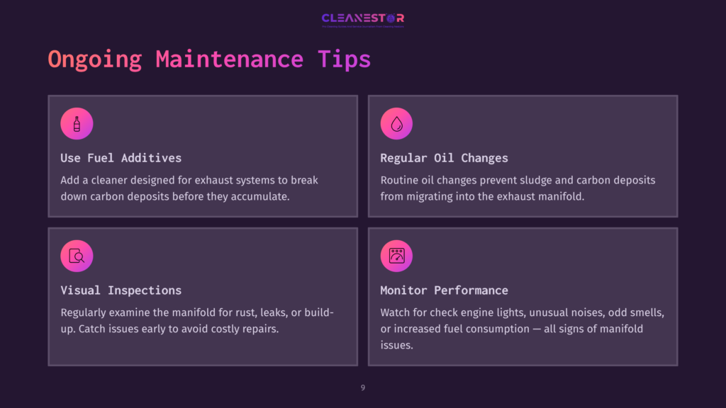 Cleanestor Graphic Titled &Quot;Ongoing Maintenance Tips&Quot; With Four Sections: Use Fuel Additives, Regular Oil Changes, Visual Inspections, And Monitor Performance, Each With An Icon And Brief Description.