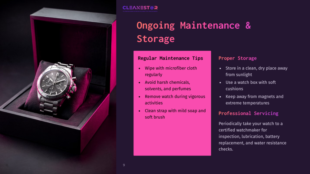 9 Ongoing Maintenance And Storage Luxury Watch In A Black Velvet-Lined Box, With A Graphic Overlay Detailing Ongoing Maintenance And Proper Storage Tips For Watches, Including Cleaning And Servicing.