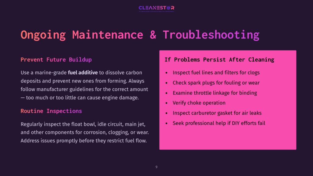 Title Slide For &Quot;Ongoing Maintenance &Amp; Troubleshooting&Quot; With Text About Preventing Future Buildup And Troubleshooting Tips. The Cleanestor Logo Is At The Top.