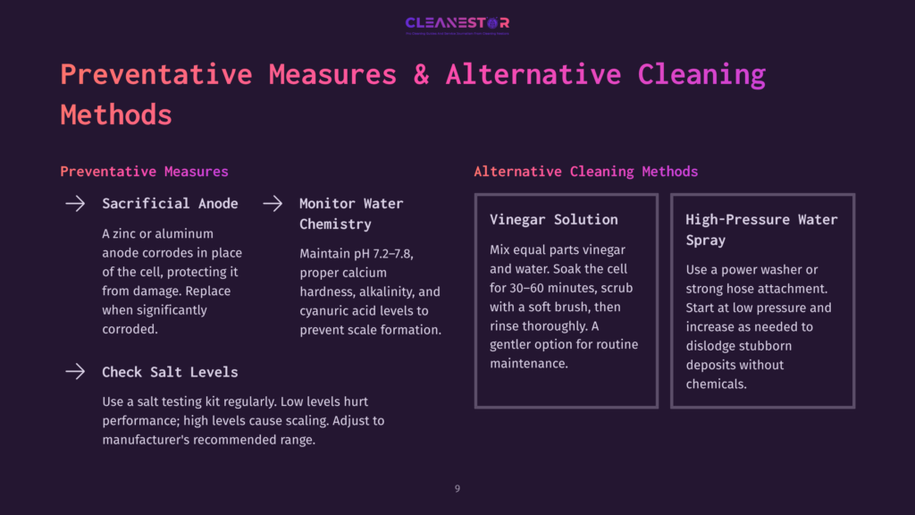Diagram Outlining Preventative Measures And Alternative Cleaning Methods For Pools. Key Points Include Sacrificial Anode, Checking Salt Levels, Monitoring Water Chemistry, Vinegar Solution, And High-Pressure Water Spray.