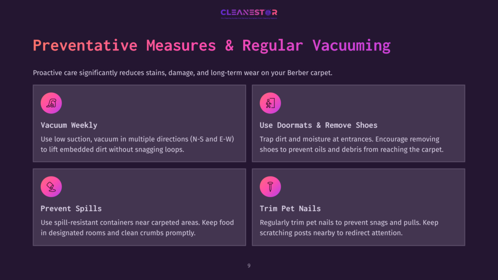 Preventative Measures And Regular Vacuuming Infographic: Vacuum Weekly, Use Doormats, Prevent Spills, And Trim Pet Nails For Berber Carpet Care.