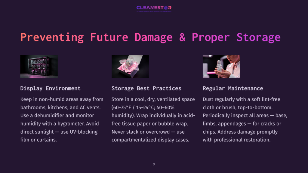 Three Sections On Preventing Future Damage And Proper Storage: Display Environment, Storage Best Practices, And Regular Maintenance. Features Images Of Collectibles, Wrapped Items, And A Person Inspecting An Item.
