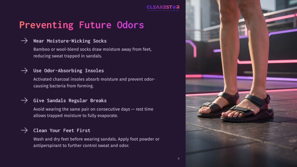 Close-Up Of A Person Wearing Black Leather Slide Sandals On Their Feet, With A Blurred Background Of Purple And Pink Neon Lights. Text Overlay: &Quot;Preventing Future Odors&Quot; And Tips Like &Quot;Wear Moisture-Wicking Socks.