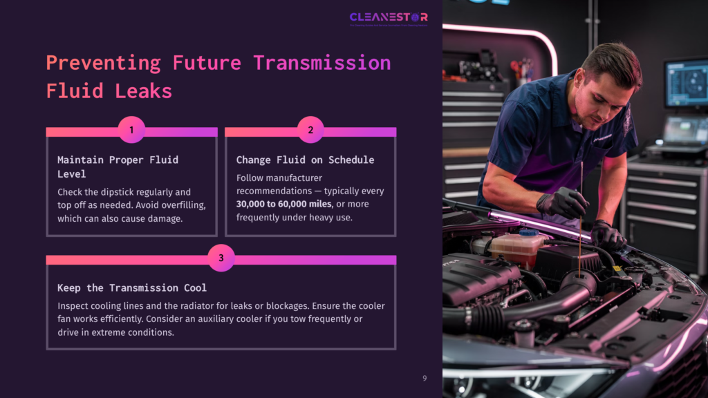 Mechanic In Blue Shirt And Black Gloves Checks Transmission Fluid Level With Dipstick In Engine Bay, With Text &Quot;Preventing Future Transmission Fluid Leaks&Quot; And &Quot;Maintain Proper Fluid Level&Quot; Visible.