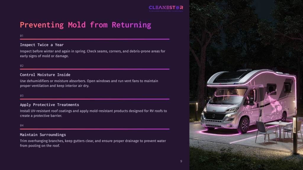 A Modern Rv Is Parked On A Patio With Glowing Pink Lights, At Night. Text On The Left Discusses Preventing Mold From Returning To Rvs, With Tips Like Inspecting Twice A Year And Controlling Moisture Inside.