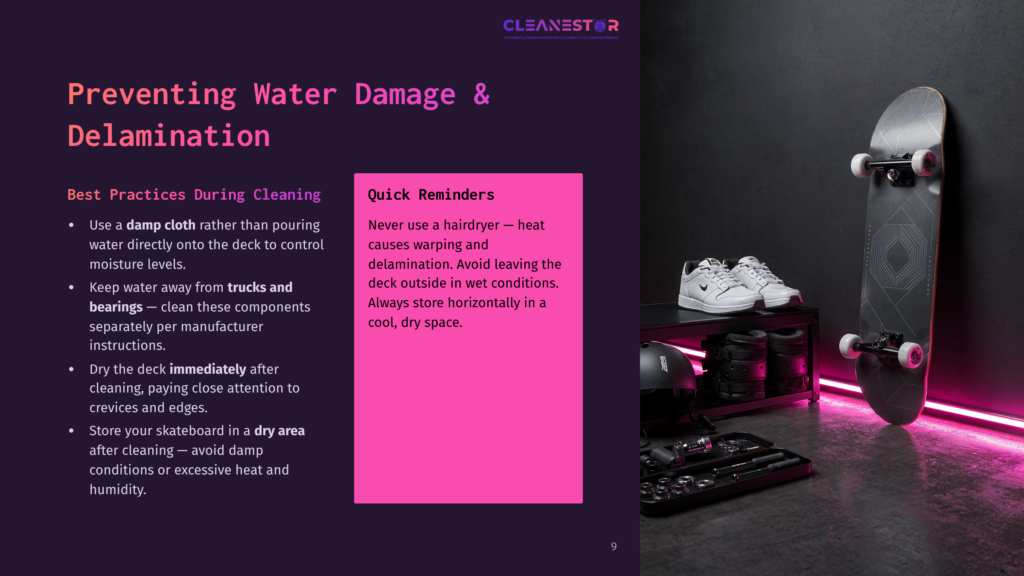 A Skateboard Deck With A Black Graphic Sits On A Dark Floor, With White Sneakers And Skate Shoes On A Shelf Behind It. The Image Features Pink Neon Lighting And Text About Preventing Water Damage And Delamination.