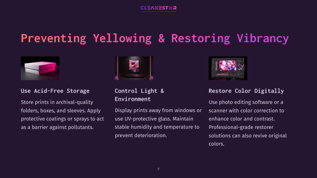 Three Panels Illustrating Methods For Preventing Yellowing And Restoring Vibrancy In Prints: Acid-Free Storage, Controlled Light And Environment, And Digital Color Restoration.