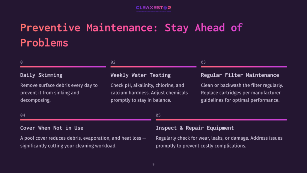 Cleanestor Graphic Outlining Five Key Aspects Of Preventive Pool Maintenance: Daily Skimming, Weekly Water Testing, Regular Filter Maintenance, Cover When Not In Use, And Inspect &Amp; Repair Equipment.