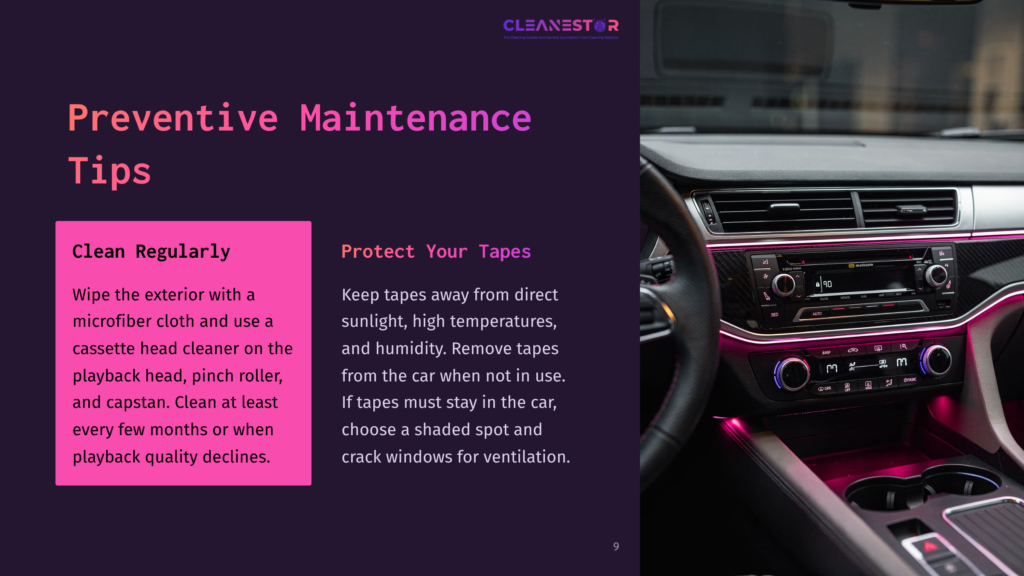 Close-Up Of A Modern Car'S Dashboard With Ambient Pink Lighting, Featuring A Digital Display, Climate Controls, And A Steering Wheel. Text Overlay Reads &Quot;Preventive Maintenance Tips&Quot; And &Quot;Clean Regularly&Quot;.