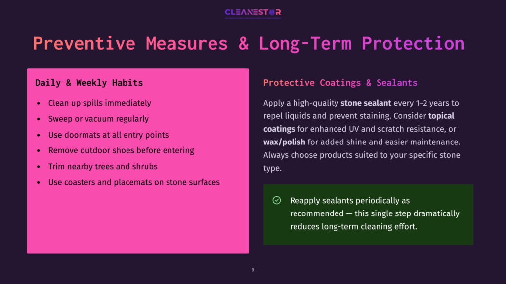 A Presentation Slide Titled &Quot;Preventive Measures &Amp; Long-Term Protection&Quot; With Bullet Points On Daily/Weekly Habits And Protective Coatings For Stone, Including &Quot;Clean Up Spills Immediately&Quot; And &Quot;Apply A High-Quality Stone Sealant&Quot;.