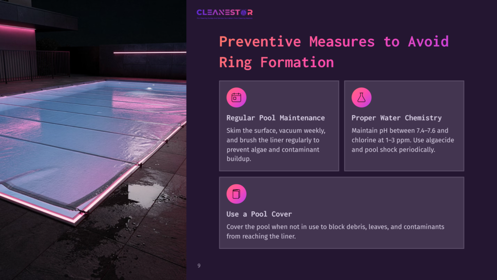 A Modern Swimming Pool Covered By A Transparent, Illuminated Safety Cover At Night, With Pink Neon Lights Outlining The Pool'S Edge. The Text &Quot;Cleanestor&Quot; Is Visible At The Top Left.