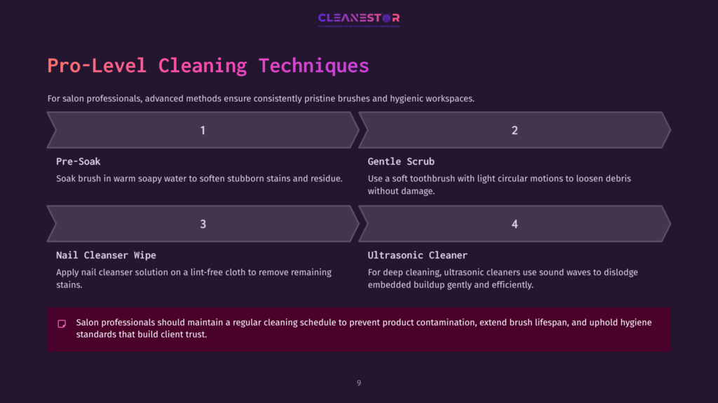Pro-Level Cleaning Techniques: Pre-Soak, Gentle Scrub, Nail Cleanser Wipe, And Ultrasonic Cleaner Steps With Descriptions For Salon Professionals.