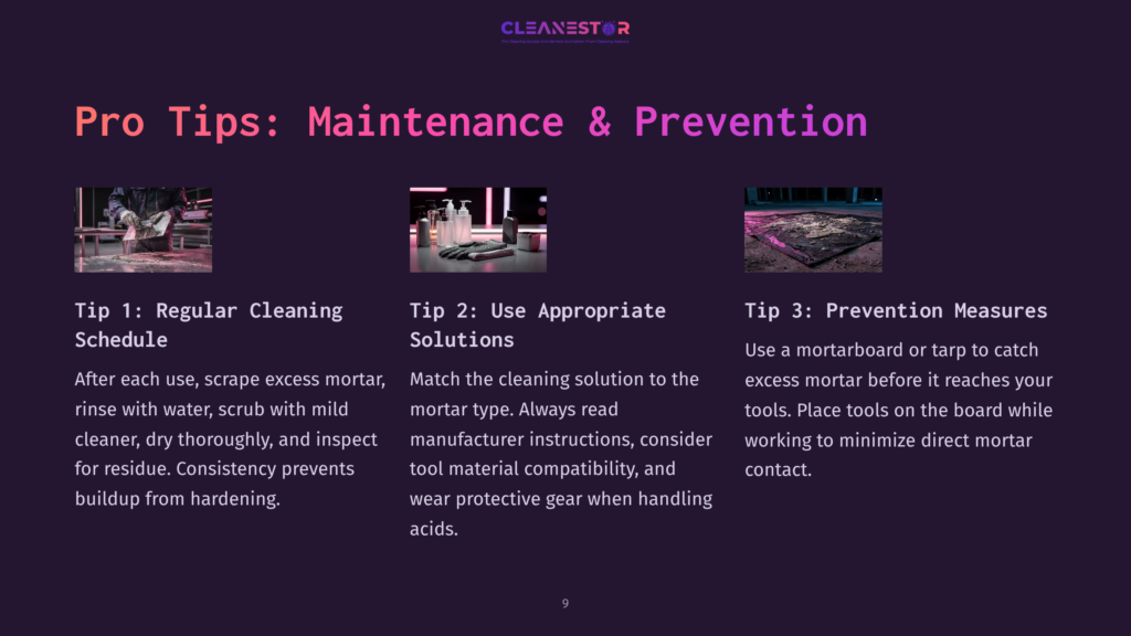 Pro Tips For Maintenance &Amp; Prevention: 1. Regular Cleaning Schedule, 2. Use Appropriate Solutions, 3. Prevention Measures. Images Show Tools And Materials For Cleaning And Mortar Work.