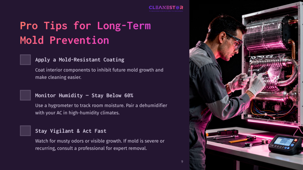 Pro Tips For Long-Term Mold Prevention: A Technician Inspects A Large Hvac Unit, Applying A Mold-Resistant Coating With A Spray Gun. The Image Highlights Mold Prevention Strategies.