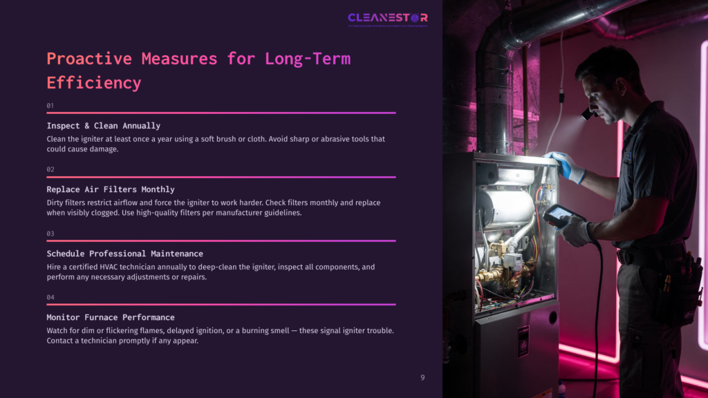 9 Proactive Measures For Long Term Efficiency A Hvac Technician Wearing A Headlamp Inspects A Furnace With A Digital Tool, With Text Overlaying The Left Side Of The Image Detailing Proactive Furnace Maintenance Steps.