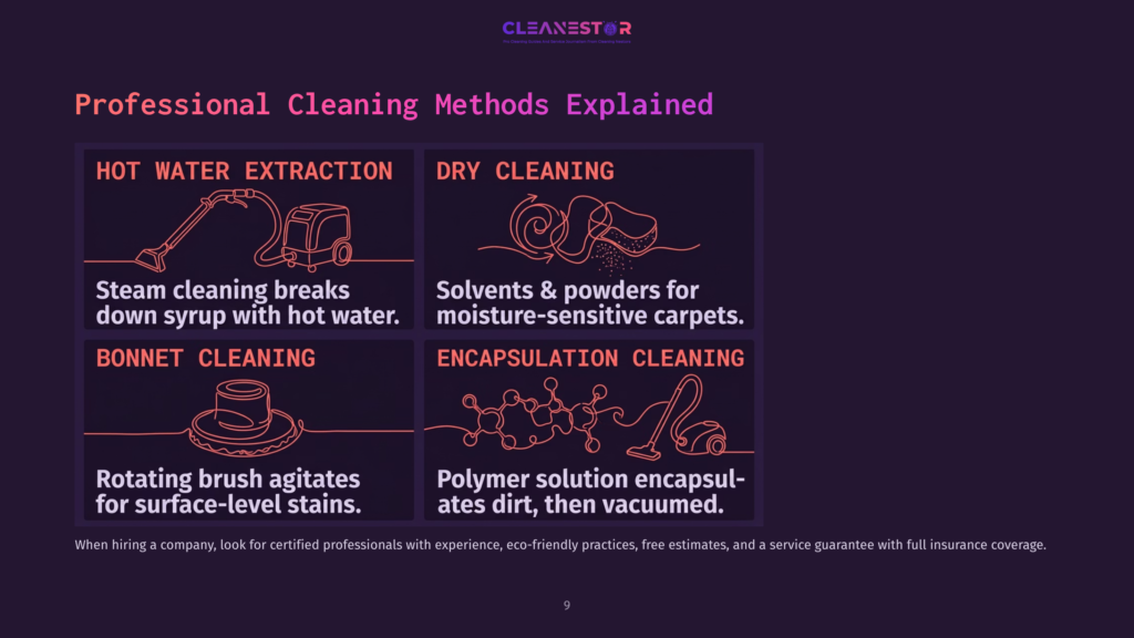 Infographic Detailing Professional Carpet Cleaning Methods: Hot Water Extraction, Dry Cleaning, Bonnet Cleaning, And Encapsulation Cleaning, With Illustrations And Brief Descriptions.