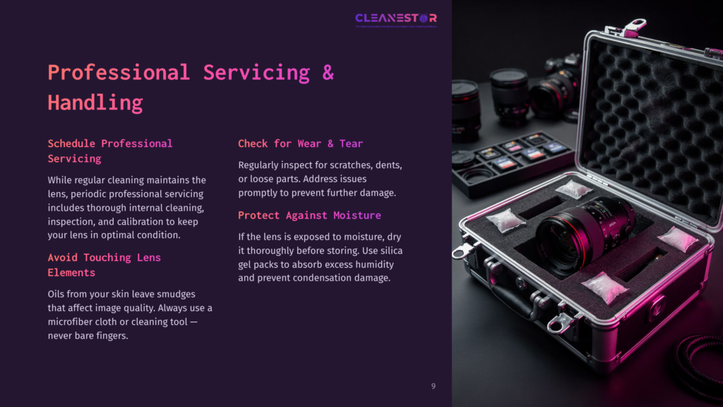 A Professional Camera Lens Servicing Kit With Lenses In A Protective Case, Featuring Cleaning Supplies And Silica Gel Packs. Text On The Left Details Professional Servicing And Handling For Camera Lenses.