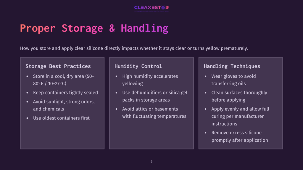 Presentation Slide Titled &Quot;Proper Storage &Amp; Handling&Quot; For Silicone, Detailing Best Practices For Storage, Humidity Control, And Handling Techniques To Prevent Yellowing.