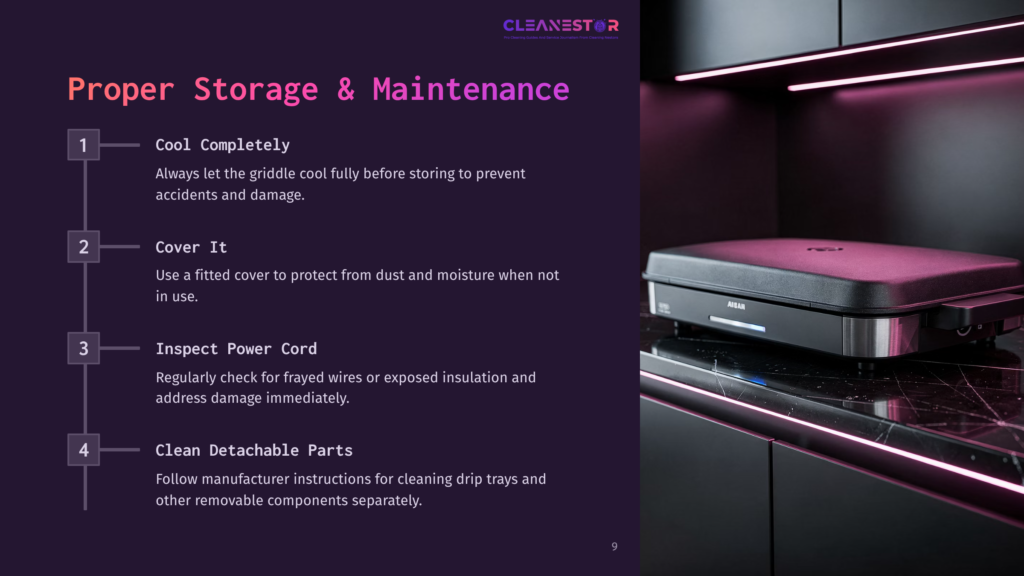 A Black Electric Griddle With A Silver-Toned Lid Sits On A Dark, Reflective Countertop. The Griddle Is Illuminated By Soft Pink Led Lights, With Text Overlaying The Left Side Of The Image Detailing Proper Storage And Maintenance For The Cleanestor Griddle.