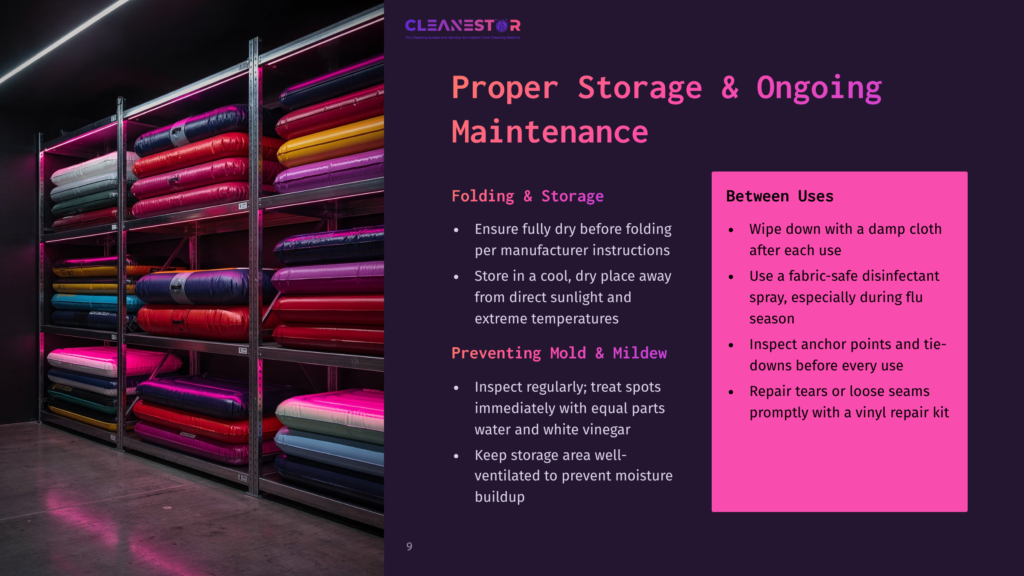 Cleanestor Logo And Text About Proper Storage And Ongoing Maintenance For Inflatable Structures, With An Image Of Neatly Stacked, Colorful Inflatable Mats On Shelves.