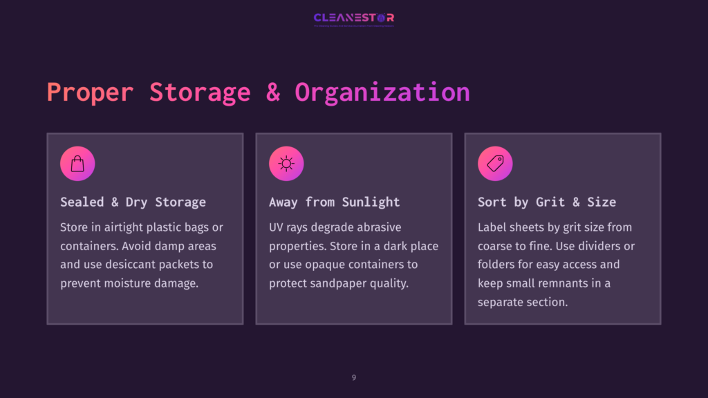 9 Proper Storage And Organization Infographic On Proper Storage And Organization Of Cleaning Supplies. Three Sections Detail Sealed &Amp; Dry Storage, Storage Away From Sunlight, And Sorting By Grit &Amp; Size, With Icons And Descriptive Text.