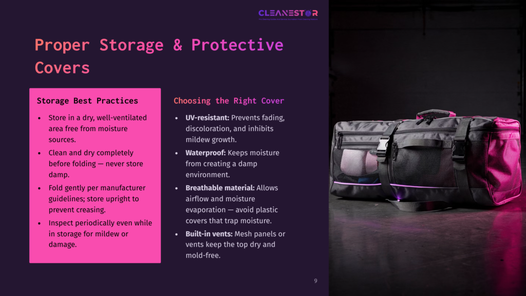 Two Black, Durable Storage Bags With Purple Accents Are Shown, One In Front Of The Other. The Bag In Front Is Open, Revealing A Spacious Interior. The Image Is Accompanied By Text Titled &Quot;Cleanestor&Quot; And Lists &Quot;Storage Best Practices&Quot; And &Quot;Choosing The Right Cover,&Quot; Highlighting Product Features Like Uv-Resistance And Breathable Material.