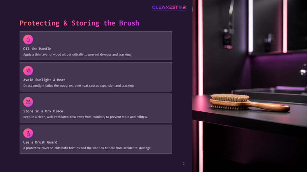 9 Protecting And Storing The Brush Wooden Brush With Boar Bristles Resting On A Dark Countertop Next To A Sink, With Purple Ambient Lighting. Text Overlay: &Quot;Protecting &Amp; Storing The Brush&Quot;.