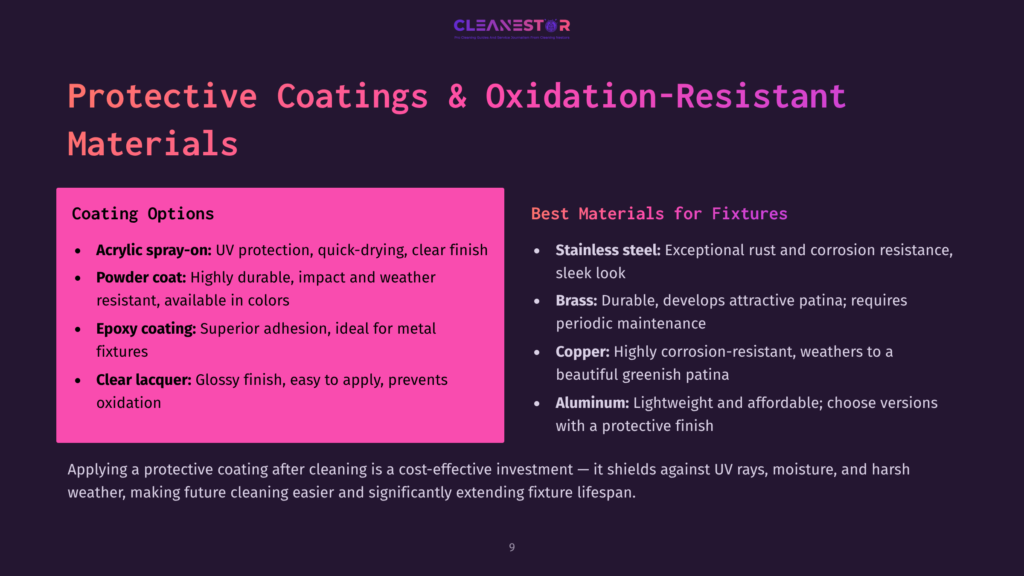 9 Protective Coatings And Oxidation Resistant Materials Protective Coatings &Amp; Oxidation-Resistant Materials: Coating Options Include Acrylic Spray-On, Powder Coat, Epoxy Coating, And Clear Lacquer. Best Materials For Fixtures Are Stainless Steel, Brass, Copper, And Aluminum.