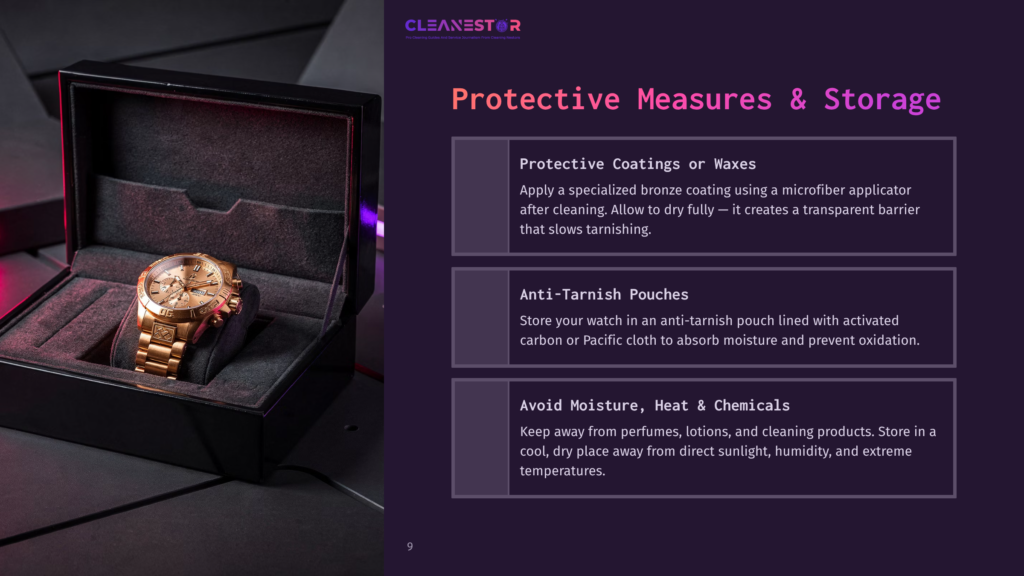 A Luxury Gold Watch Rests In A Black Velvet-Lined Display Box, Next To A Cleanestor Logo And Protective Measures For Watches, Including Coatings, Anti-Tarnish Pouches, And Avoiding Moisture.