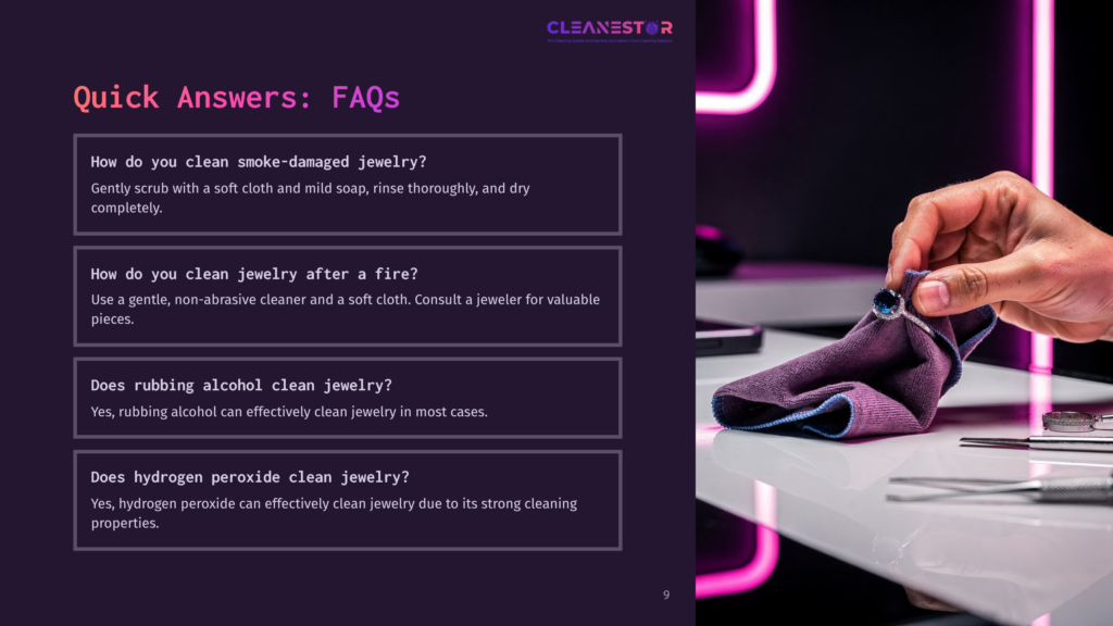 Close-Up Of A Hand Gently Polishing A Diamond Ring With A Soft Purple Cloth, With Cleaning Tools And Jewelry In The Background. Text Overlay: &Quot;Quick Answers: Faqs&Quot;.