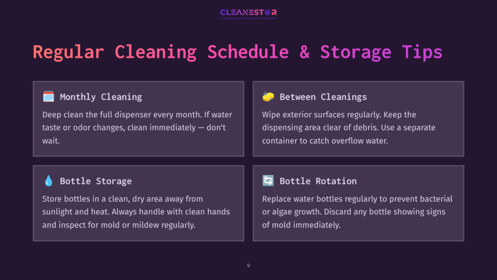 Infographic Titled &Quot;Regular Cleaning Schedule &Amp; Storage Tips&Quot; With Four Sections: Monthly Cleaning, Between Cleanings, Bottle Storage, And Bottle Rotation, Offering Advice On Maintaining Dispensers And Bottles.