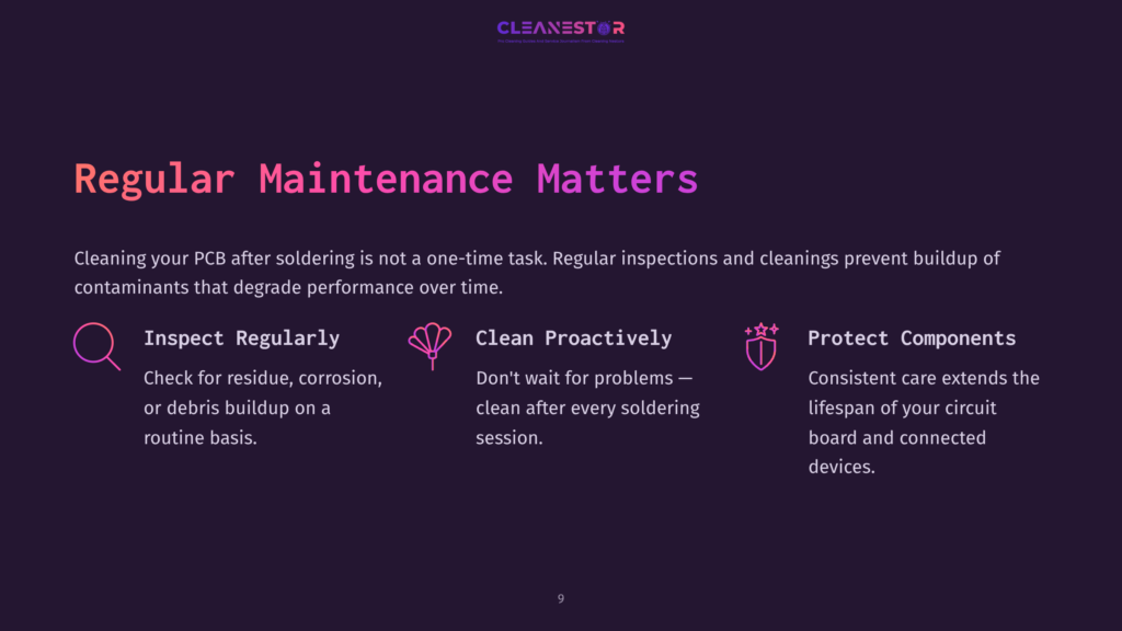 Dark Purple Background With &Quot;Cleanestor&Quot; Logo At The Top. Text Reads: &Quot;Regular Maintenance Matters.&Quot; Three Columns Describe Pcb Maintenance: &Quot;Inspect Regularly&Quot; With An Eye Icon, &Quot;Clean Proactively&Quot; With A Spray Bottle Icon, And &Quot;Protect Components&Quot; With A Shield Icon.