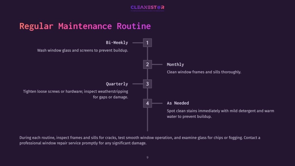 Cleanestor Graphic Detailing A Regular Window Maintenance Routine: Bi-Weekly, Monthly, Quarterly, And As Needed Tasks Like Washing Glass, Cleaning Frames, Tightening Screws, And Inspecting For Damage.