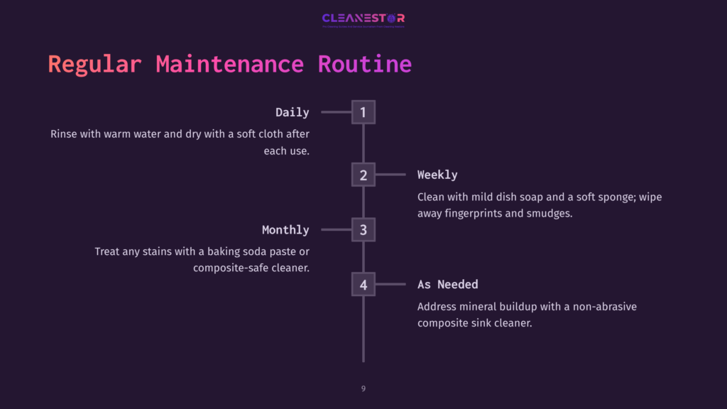 A Dark Purple Graphic Displays A &Quot;Regular Maintenance Routine&Quot; For Sinks, Outlining Daily, Weekly, And Monthly Cleaning Tasks. The Graphic Includes Text And Numbered Steps.