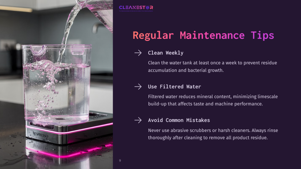 A Clear Liquid Pours Into A Clear Water Tank, Creating Bubbles And Ripples. The Tank Sits On A Black Surface With Pink Led Lights. Text On The Right Reads &Quot;Cleanestor&Quot; And &Quot;Regular Maintenance Tips&Quot; With Bullet Points About Cleaning And Filtering.