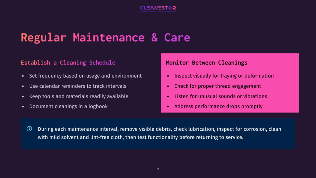 9 Regular Maintenance And Care Cleanestor Logo Above &Quot;Regular Maintenance &Amp; Care&Quot; Text. Left Side Lists &Quot;Establish A Cleaning Schedule&Quot; With Bullet Points. Right Side Lists &Quot;Monitor Between Cleanings&Quot; With Bullet Points And A Pink Background.