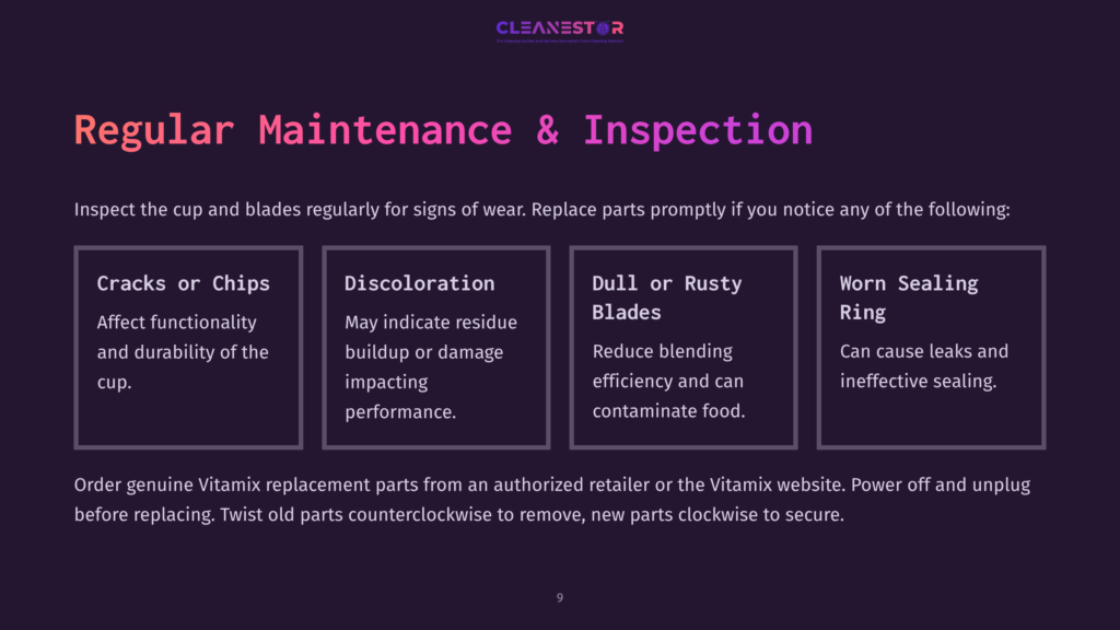 9 Regular Maintenance And Inspection Infographic Detailing Regular Maintenance And Inspection For A Blender Cup And Blades, Highlighting Cracks, Discoloration, Dull/Rusty Blades, And Worn Sealing Rings.